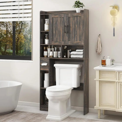 Bathroom Organizer Storage Wood Over The Toilet Storage Cabinet with Barn Doors &Toilet Paper Stand 67'' Tall Toilet Rack