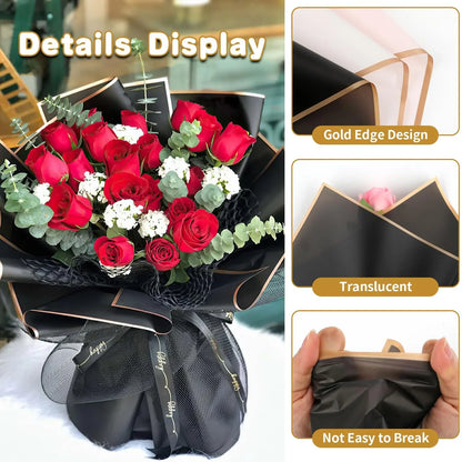 20 Sheets Black Flower Wrapping Paper with Golden Edges, Korean Florist Bouquet Supplies, Waterproof Packaging, Great for DIY Cr