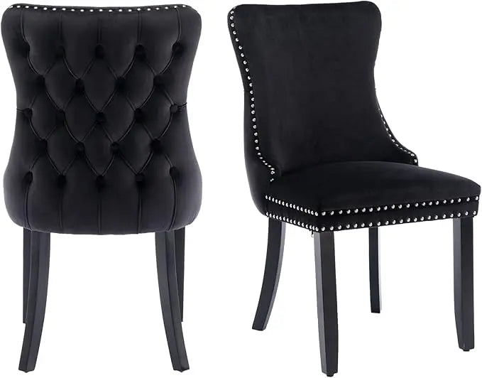 Velvet Upholstered Dining Chairs Set of 4 Wingback Kitchen Room Black Accent Chairs 4PC Solid Wood Leg