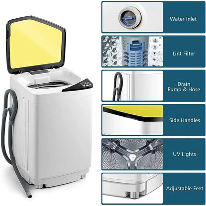 Full Automatic Portable Washing Machine Compact Laundry Washer Spin Dryer with Barrel Light Drain Pump Ideal Apartments