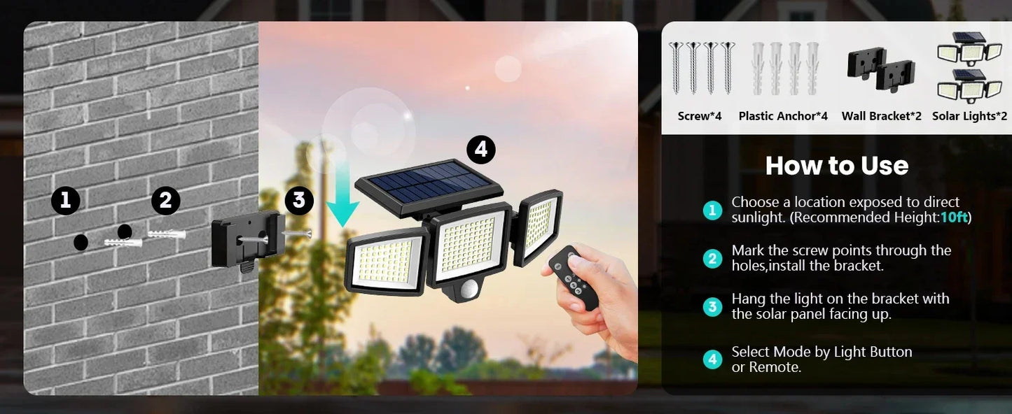(5/4/3/2/1 pcs) 3-Head Solar Outdoor Light, Motion Sensor Security Light with Wireless Remote Control
