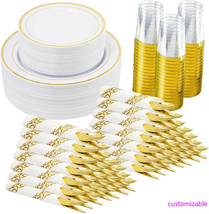 350 Pieces Gold Disposable Plates for 50 Guests, Disposable Plastic Plates for Party,Wedding, Dinnerware Set of 50 Dinner Plates