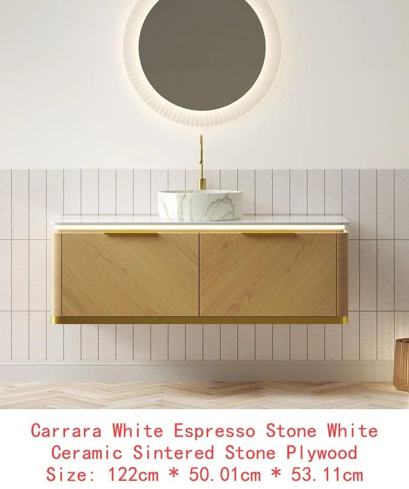 60" Bathroom Vanity with Sinks, Floating Plywood Storage Cabinet, 2 Drawers with Sensor Light, 2 Ceramic Vessel Basins