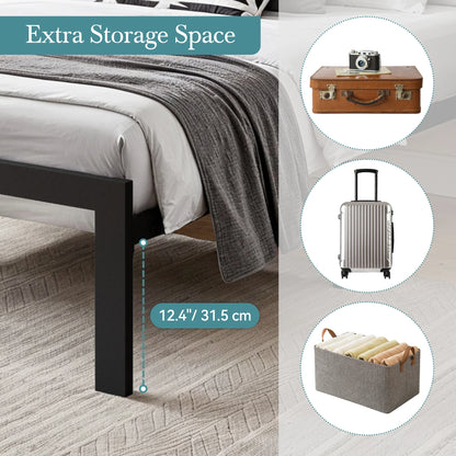 Metal Bed Frame with Upholstered Finely Stitched Headboard, Linen Fabric, Sturdy Foundation, No Box Spring Needed