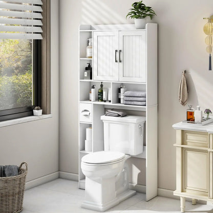Bathroom Organizer Storage Wood Over The Toilet Storage Cabinet with Barn Doors &Toilet Paper Stand 67'' Tall Toilet Rack