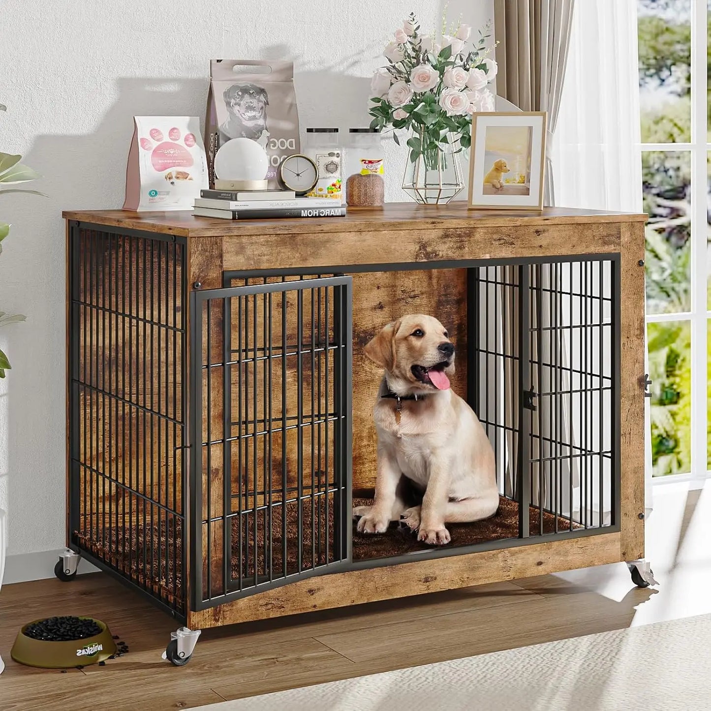 38 Inch Dog Crate Furniture with Cushion, Double Doors Wooden Dog Kennel Cage Indoor with Wheels, Pet House Decorative
