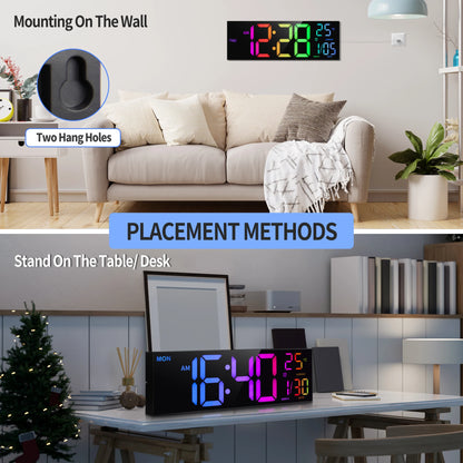 16" Large Digital Wall Clock, Big LED Display with Remote, 8 RGB Color, Alarm, DST, Temperature for Living Room, Kitchen