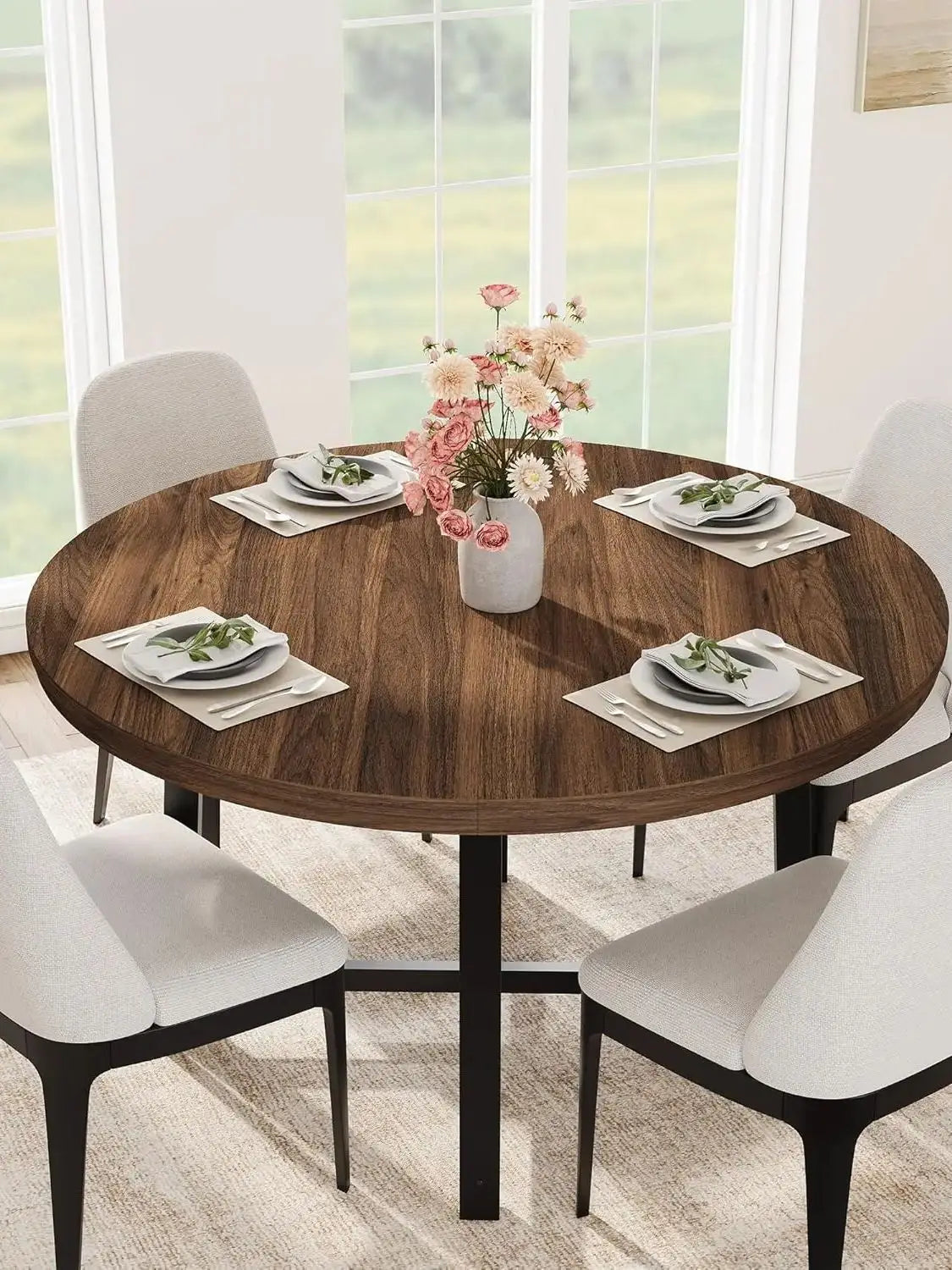 47" Round Industrial Dining Table - Rustic Wood Top w/Metal Frame, Seats 4-6 (No Chairs)