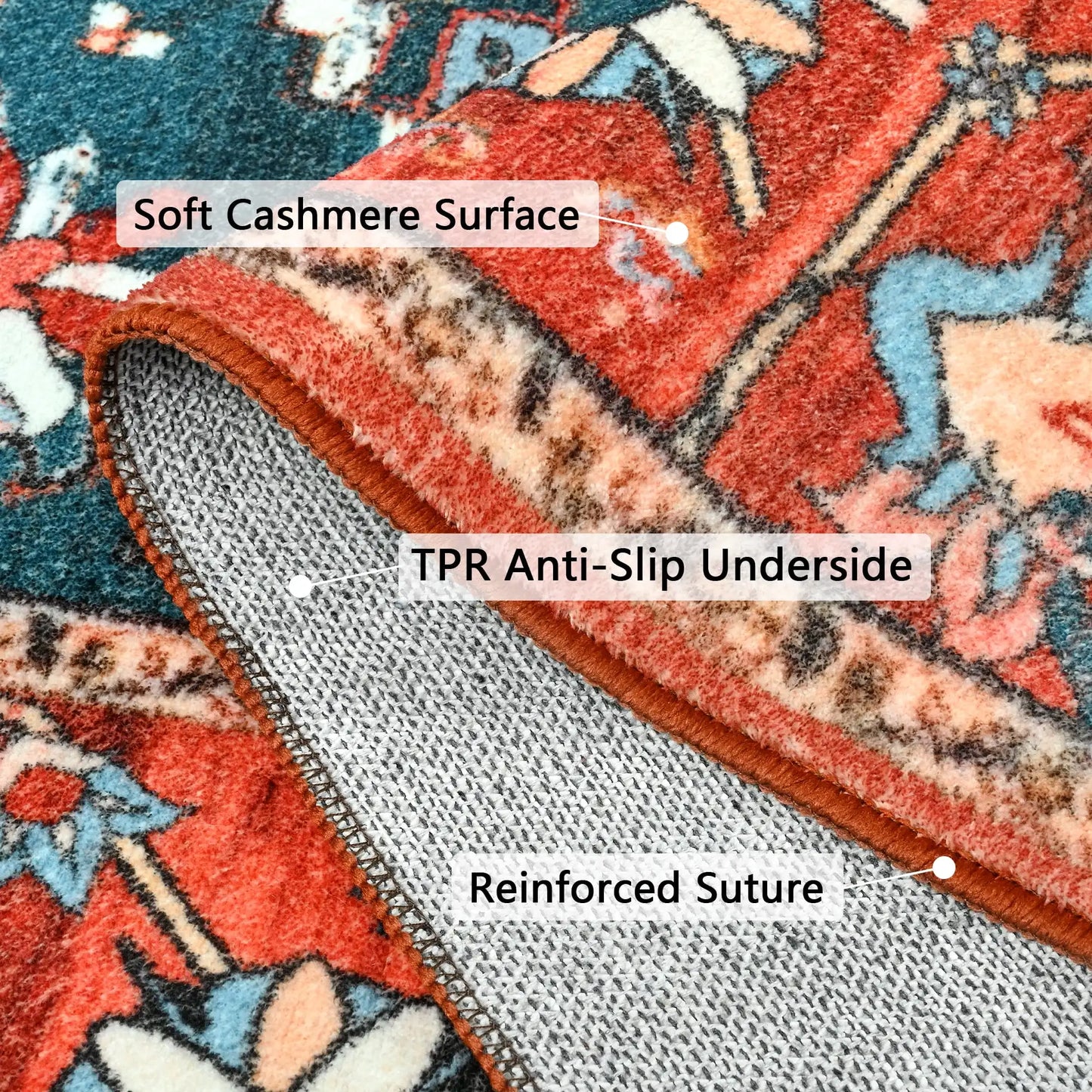 Faux Cashmere Vintage Floral  Soft Accent Area Rug, Low Pile for Living Room Bedroom