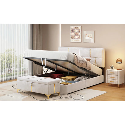 2-Pieces Bedroom Sets,Queen Size Upholstered Platform Bed with Hydraulic Storage System,Storage Ottoman with Metal Legs,Beige