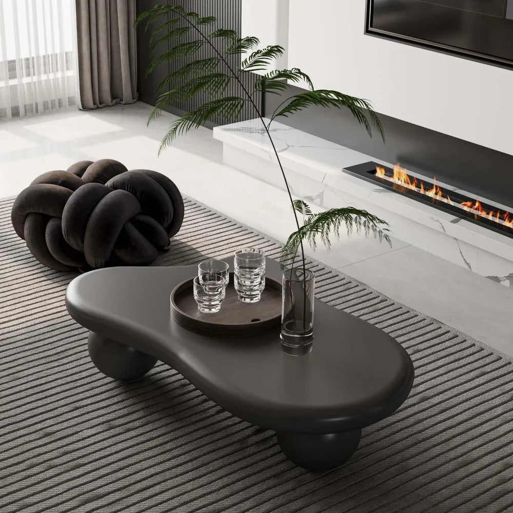 40" Black Modern Coffee Table Cloud Shape Low Center Table with 3 Ball Legs Cute Irregular Indoor Tea Table for Living Room