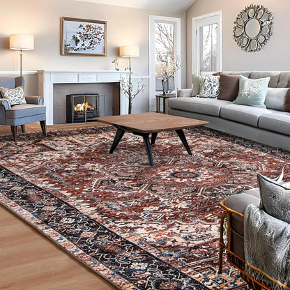 Faux Cashmere Vintage Printed Rug Area Rugs, Low Pile Rugs for Living Room Bedroom