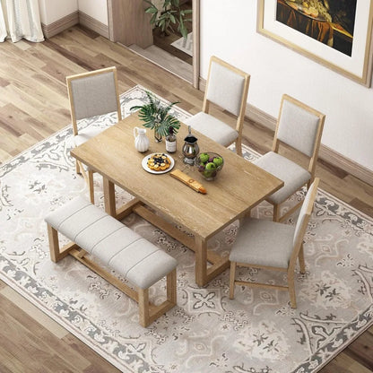 6-Piece Retro Dining Set for 6 Dining Table Set with 4 Upholstered Chairs & 1 Bench Rectangular Table Set with Designed Trestle