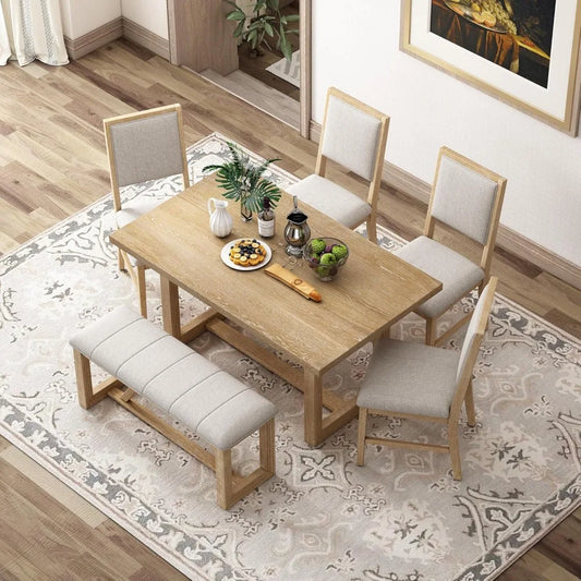 6-Piece Retro Dining Set for 6 Dining Table Set with 4 Upholstered Chairs & 1 Bench Rectangular Table Set with Designed Trestle