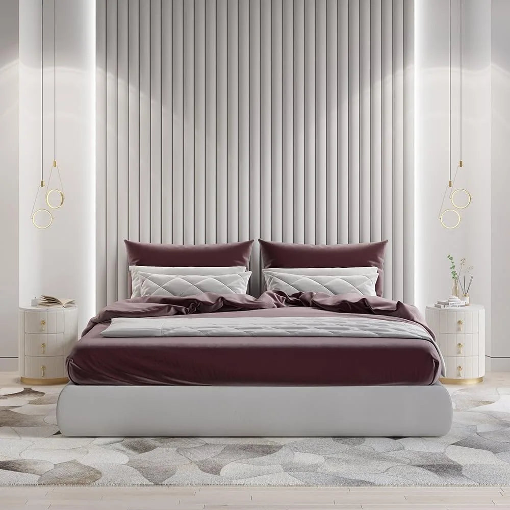 White Velvet Nightstand with Storage, Round Bedside Table with 3 Drawers, Stone Top Night Table for Bedroom