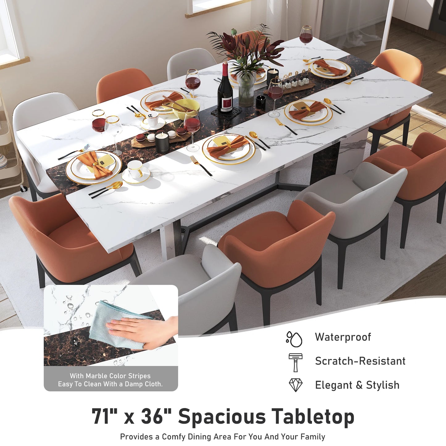 71In Large Rectangular White Dining Table for 4 5 6 8 10 People, w/Marble Color, Wood Tabletop, Metal Leg