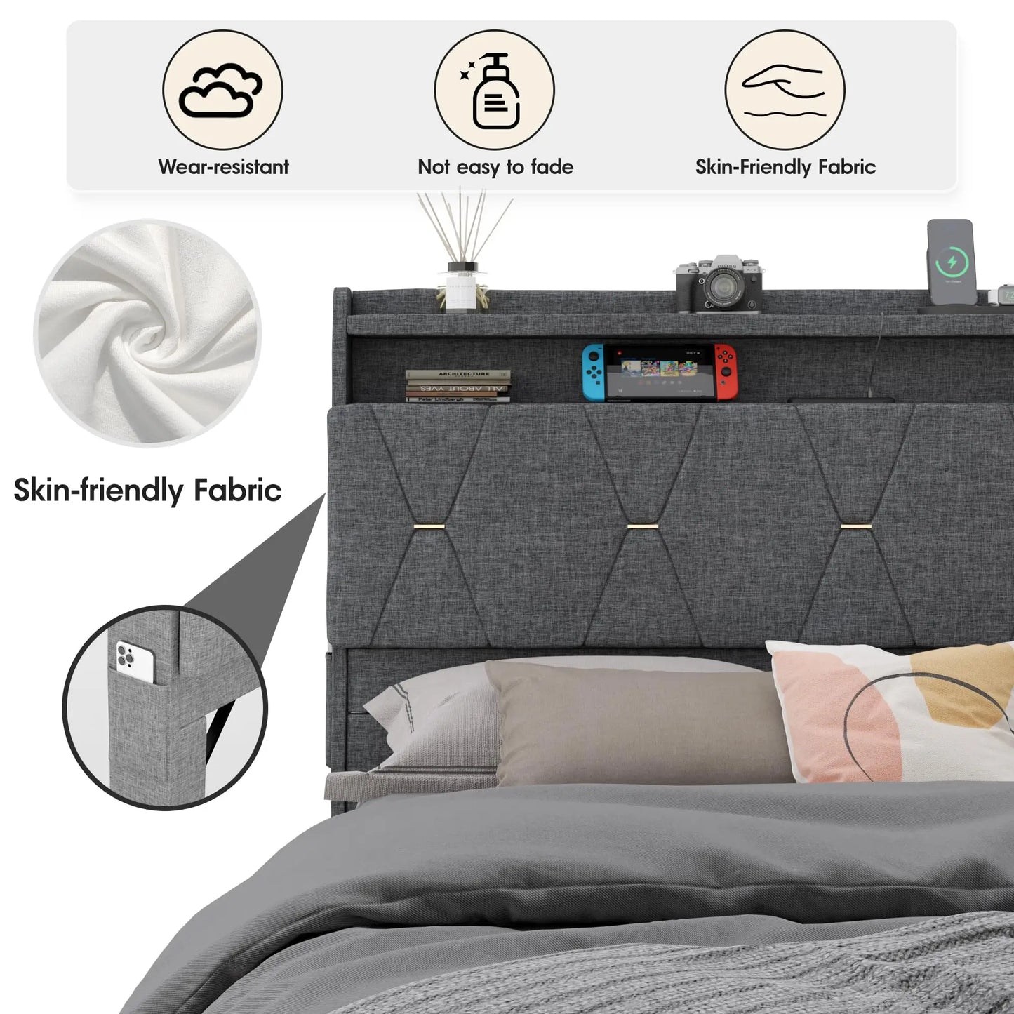 Lift Up Bed Frame with Storage Headboard &Power Outlet, LED Lights Upholstered Platform Bed Frame for Bedroom Noise-Free