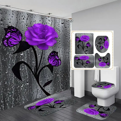 4pcs Set Doormat Shower Curtain with Non-Slip Rugs Toilet Seat Cover Bath Carpet Durable Waterproof