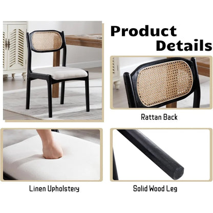 Farmhouse Rattan Dining Chairs Set of 2 Modern Mid Century Dining Room Chairs Upholstered Linen Kitchen Side Chairs