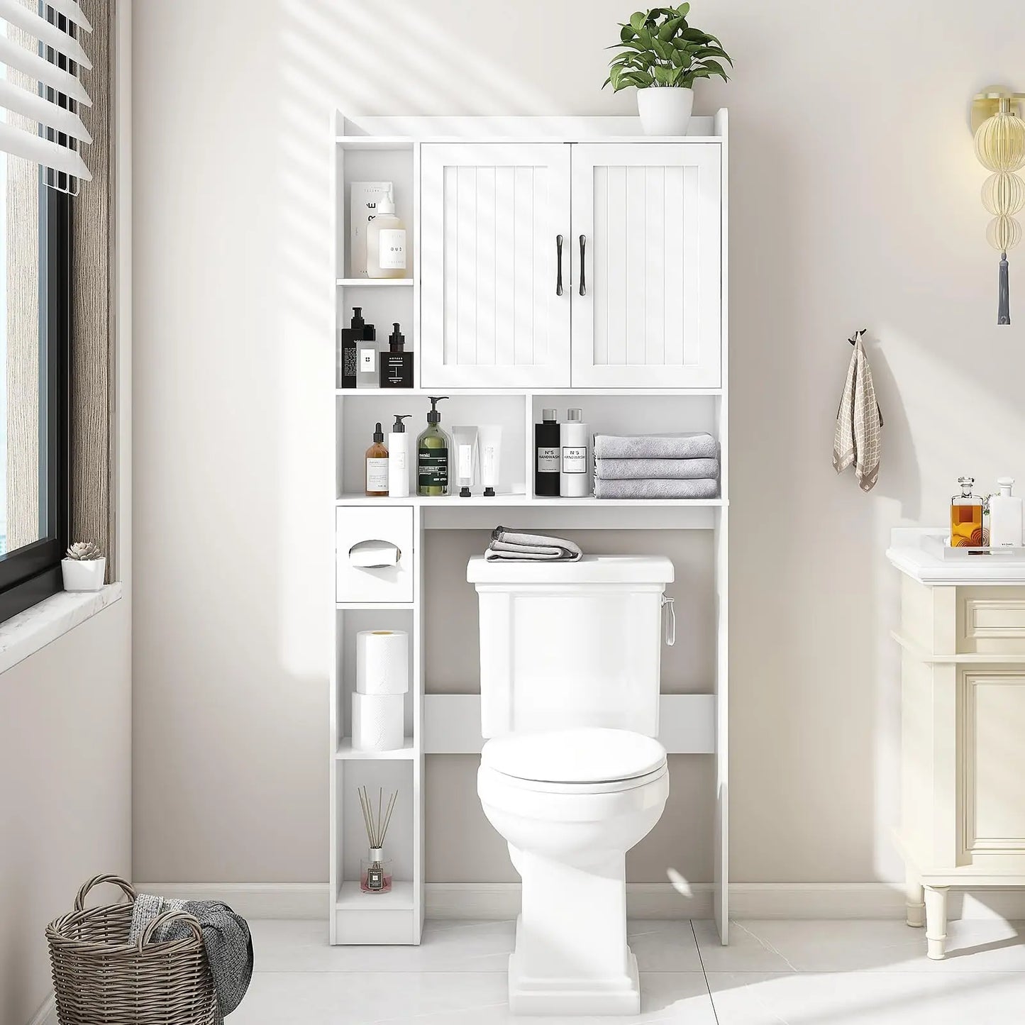 Bathroom Organizer Storage Wood Over The Toilet Storage Cabinet with Barn Doors &Toilet Paper Stand 67'' Tall Toilet Rack