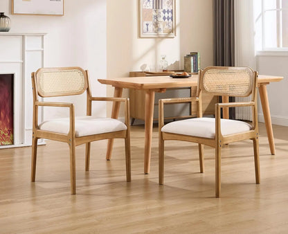 Farmhouse Rattan Dining Chairs Set of 2 Modern Mid Century Dining Room Chairs Upholstered Linen Kitchen Side Chairs