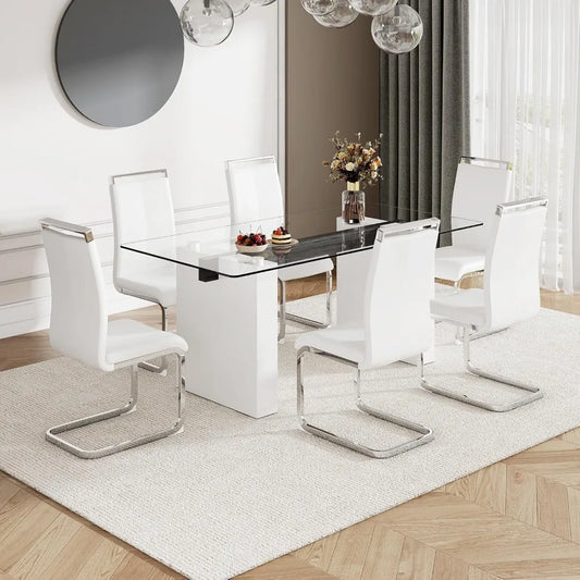71" Glass Dining Table Set for 6, 7 Piece Dining Table Set with Tempered Glass Top & 6 White PU Leather Ergonomic Chairs, Modern