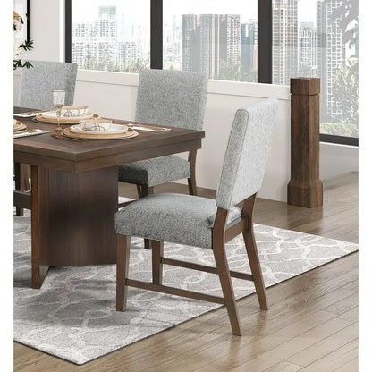 Modern Walnut Finish Dining Set 7pc with Self-Storing Extension Leaf and 6 Upholstered Chairs for Elegant Dining Experience