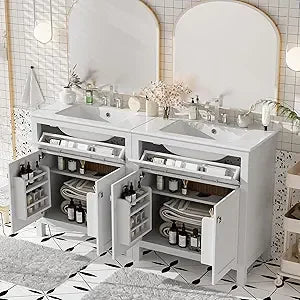 60" Bathroom Vanity Set with Double Sink, Vanity Cabinet with Flip Drawer, 2 Doors, and Adjustable Shelf