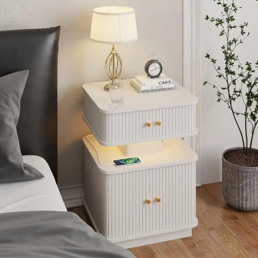 Bedroom LED Nightstand, with Charging Station, 2 Drawer
