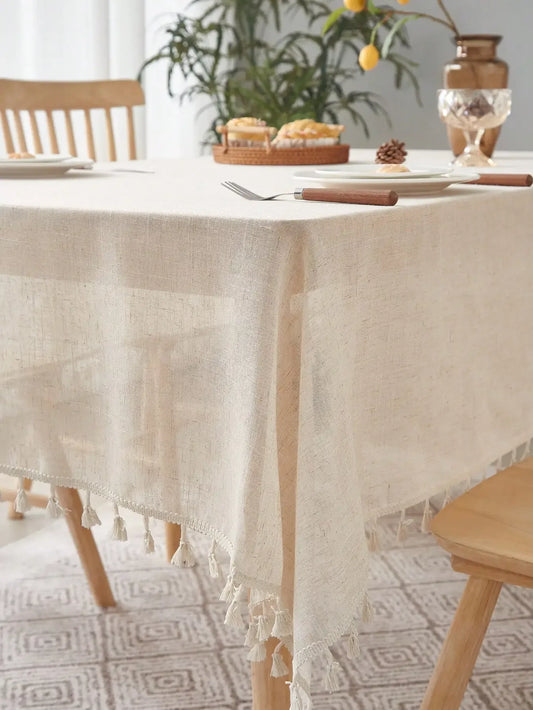 Beige linen square tablecloth, retro countryside style, kitchen living room coffee table