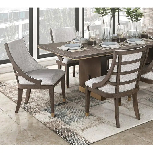 Modern Brown Finish 9-Piece Dining Set with Extension Table and 8 Armchairs, Upholstered Kitchen Furniture with Gold Tipping.