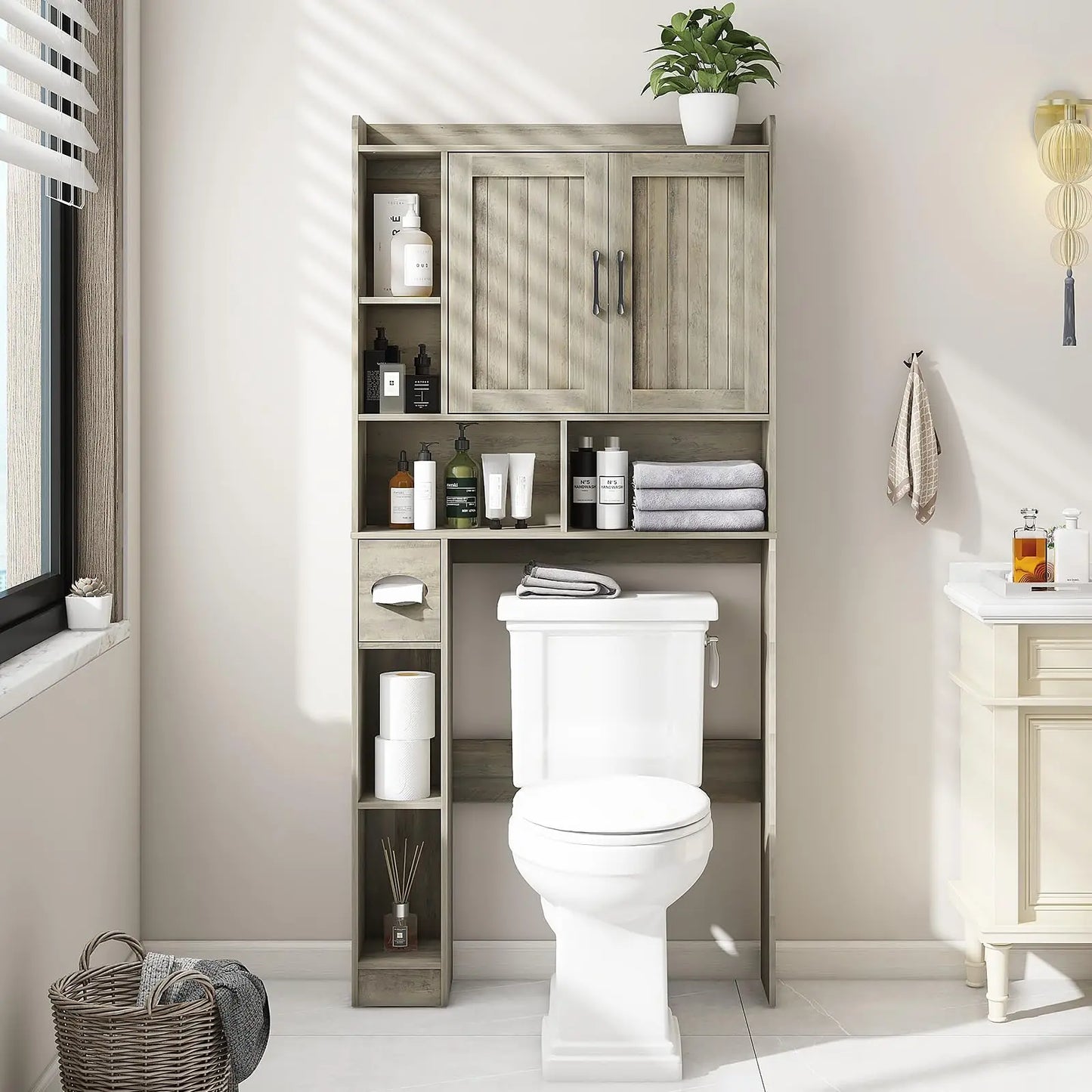 Bathroom Organizer Storage Wood Over The Toilet Storage Cabinet with Barn Doors &Toilet Paper Stand 67'' Tall Toilet Rack