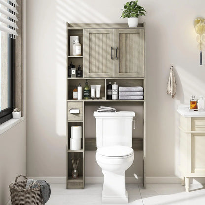 Bathroom Organizer Storage Wood Over The Toilet Storage Cabinet with Barn Doors &Toilet Paper Stand 67'' Tall Toilet Rack