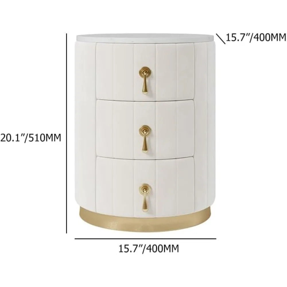 White Velvet Nightstand with Storage, Round Bedside Table with 3 Drawers, Stone Top Night Table for Bedroom