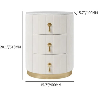 White Velvet Nightstand with Storage, Round Bedside Table with 3 Drawers, Stone Top Night Table for Bedroom