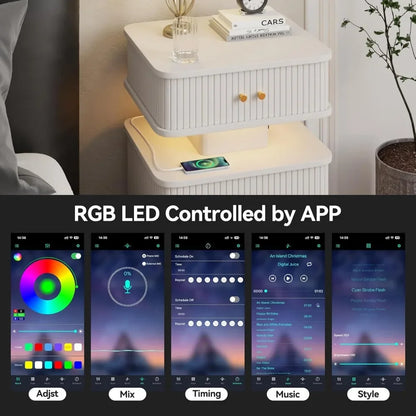 Bedroom LED Nightstand, with Charging Station, 2 Drawer