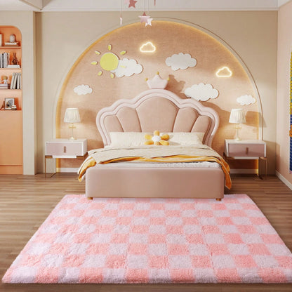 Fluffy Long Shag Plaid Area Rug for Bedroom, Living Room Washable , Super Soft Indoor Plush Rug.