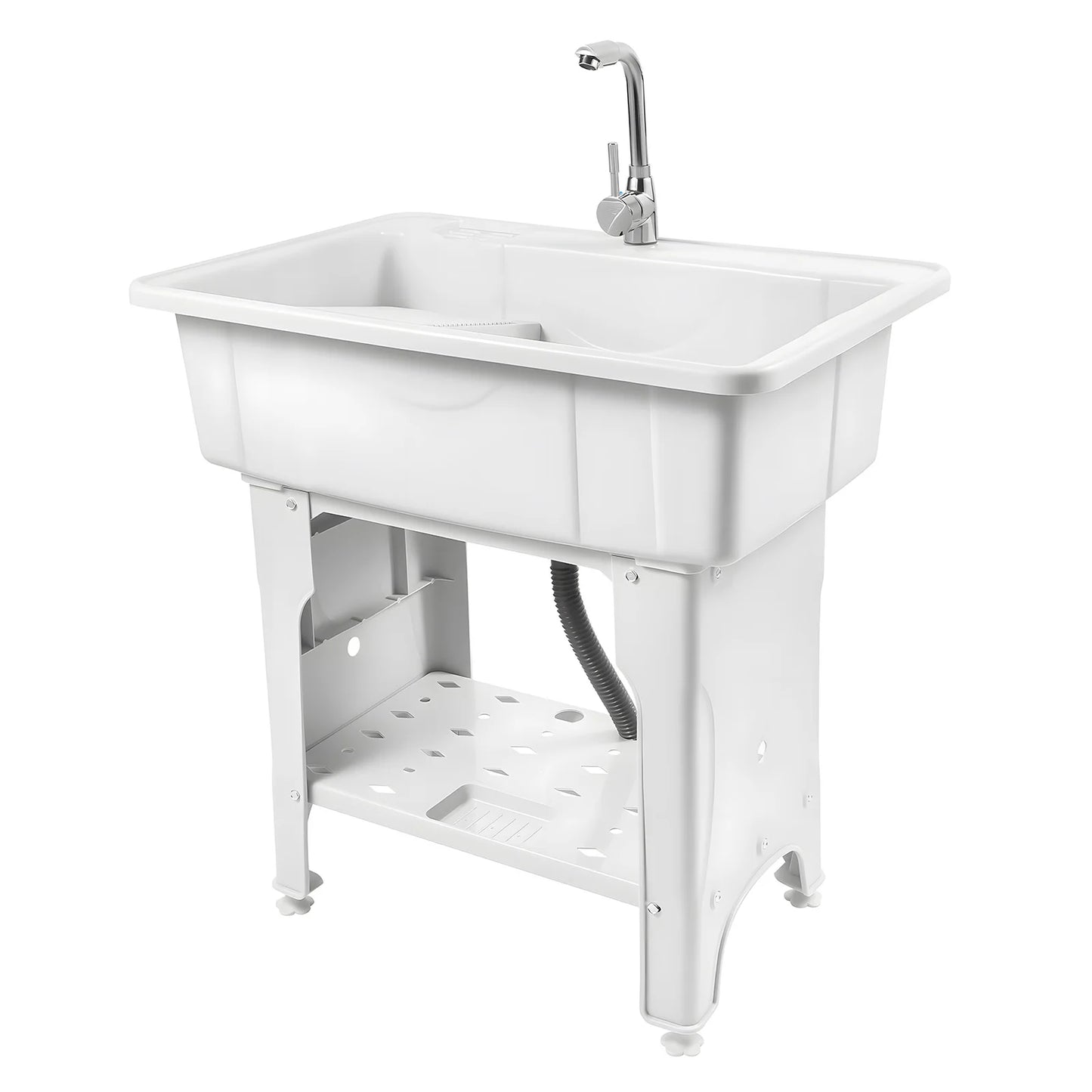 Freestanding Plastic Laundry Sink with Washboard Indoor Outdoor Utility Sink with Cold and Hot Water Faucet Hoses and Drain Kit