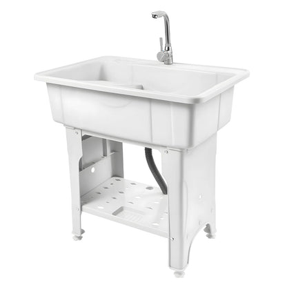 Freestanding Plastic Laundry Sink with Washboard Indoor Outdoor Utility Sink with Cold and Hot Water Faucet Hoses and Drain Kit