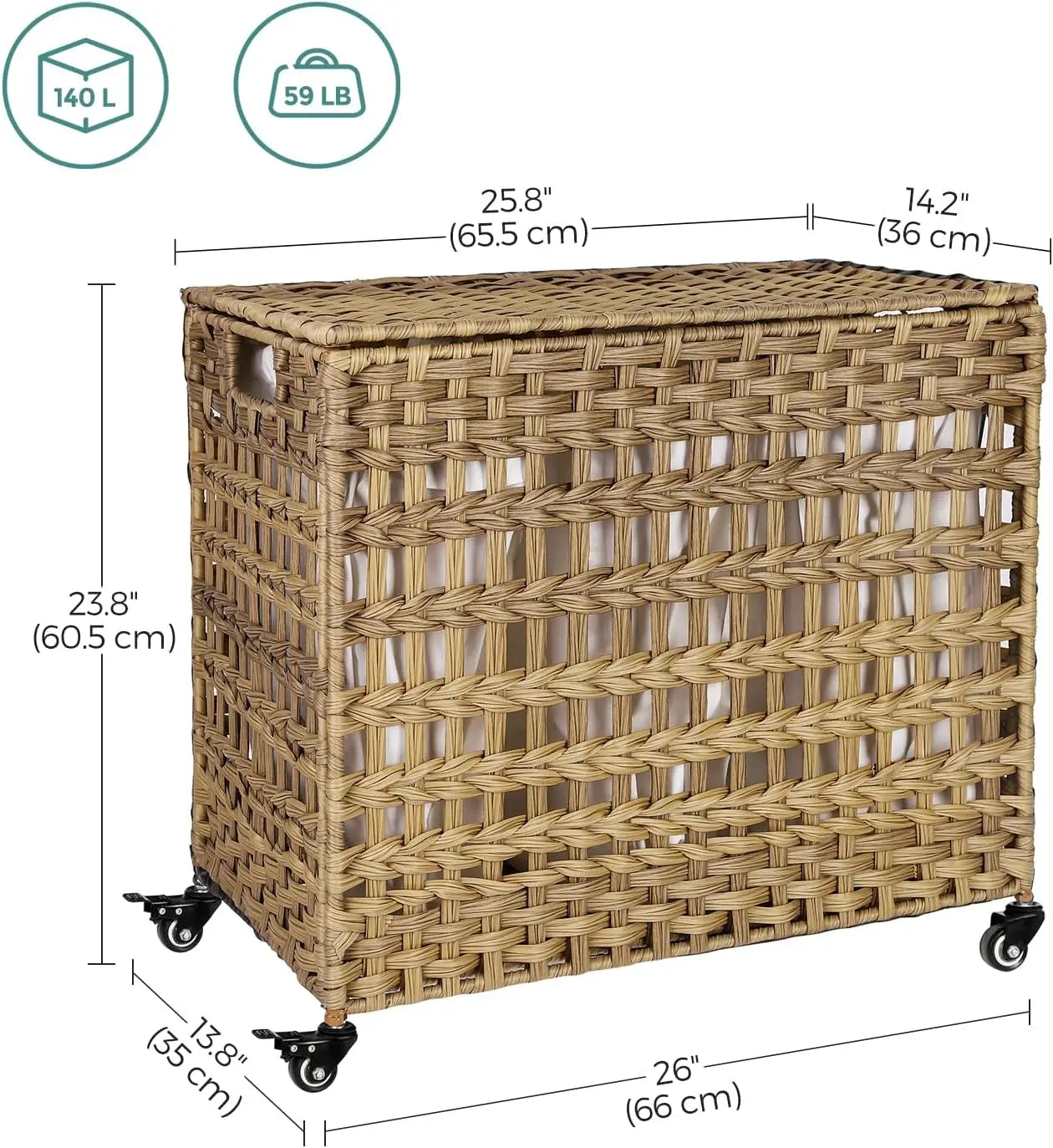 Laundry Hamper with Lid 140L Synthetic Rattan Laundry Basket with Wheels Clothes Hamper with 3Removable Liner Bags 3Section