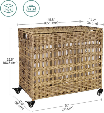 Laundry Hamper with Lid 140L Synthetic Rattan Laundry Basket with Wheels Clothes Hamper with 3Removable Liner Bags 3Section