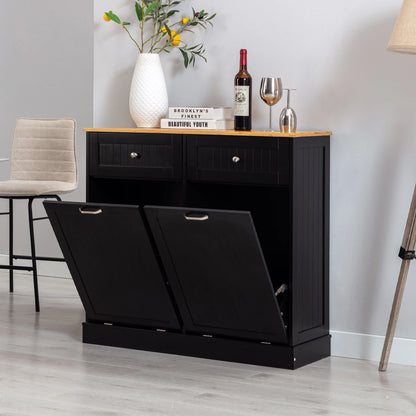 Double Tilt Out Trash Cabinet 20 Gallon, Freestanding Wooden Kitchen Trash Recycling Cabinet with Drawer & Removable Cutting Boa