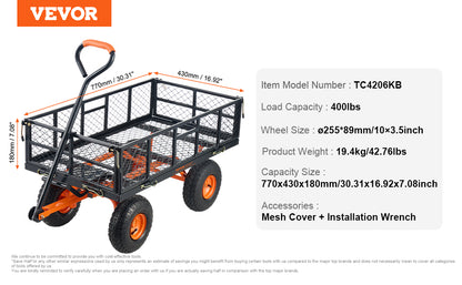 Garden Cart Sturdy Metal Utility Wagon with Simple Assembly Versatile Dump Cart Wheelbarrow with 400/880lbs Capacity