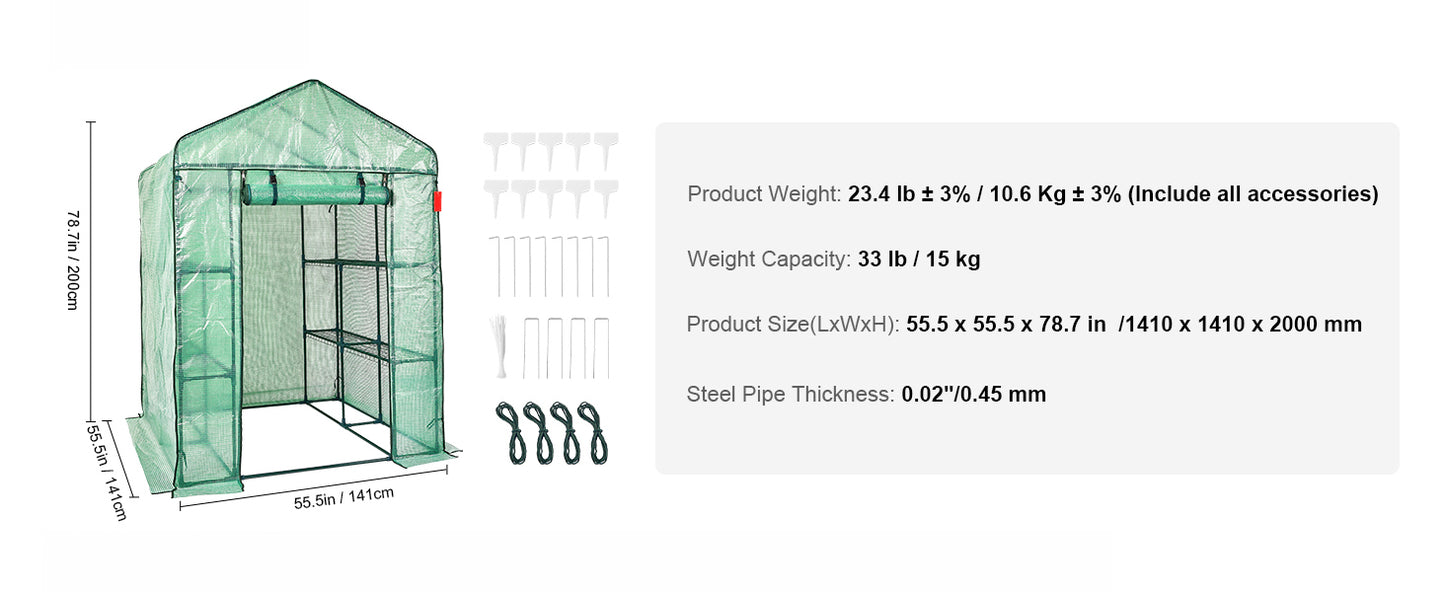 Walk-in Green House Greenhouse with Shelves High Strength PE Cover with Doors & Windows and Steel Frame for Planting